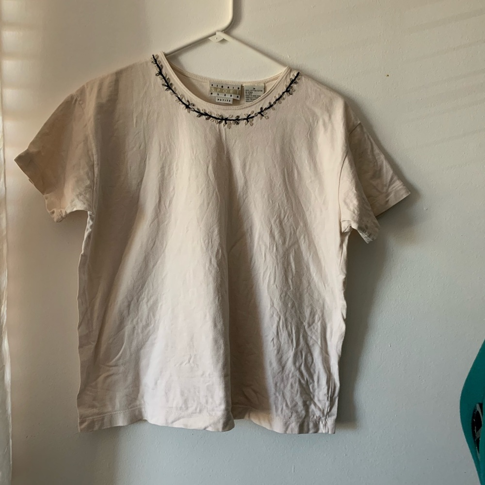Sigrid Olsen. Cotton Top with Black & Gray Embroidery.  Petite Medium